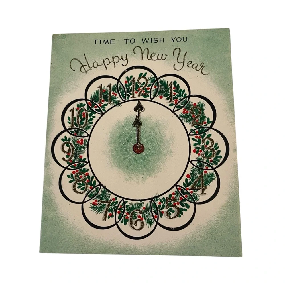 Unused Vintage Greeting Card Happy New Year Green Glitter Clock